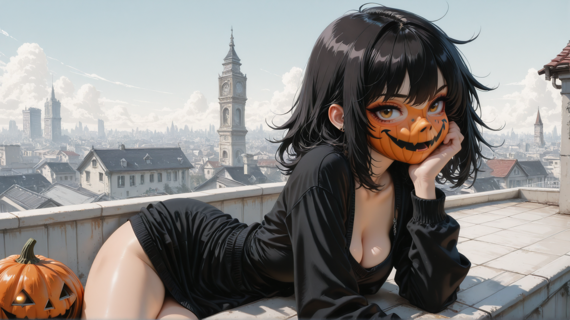 AI generated wallpaper featuring girl, pumpkin, clock tower, cityscape