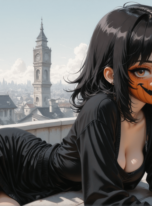 girl, pumpkin, clock tower, cityscape