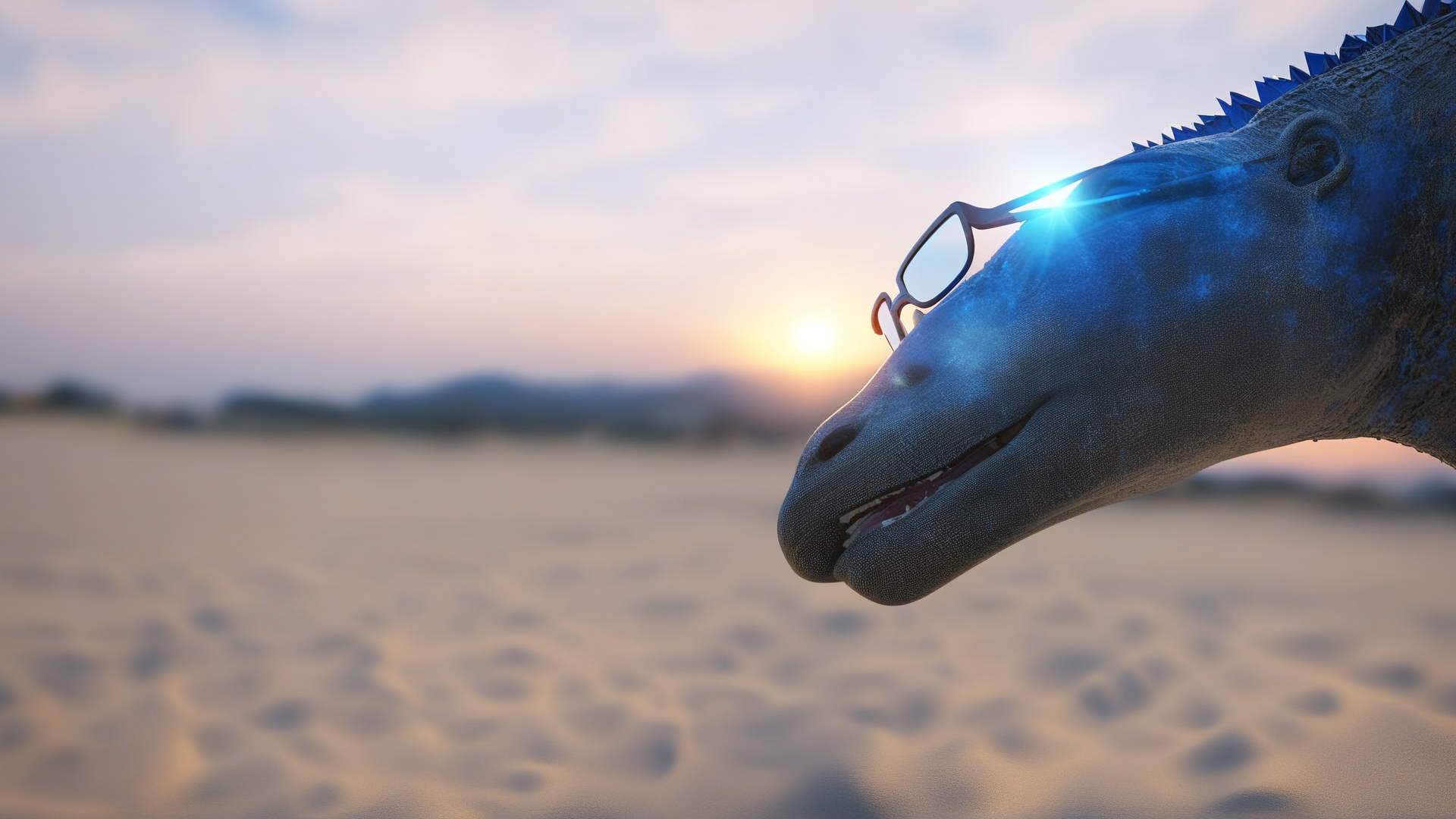 AI generated wallpaper featuring dinosaur, glasses, sunset