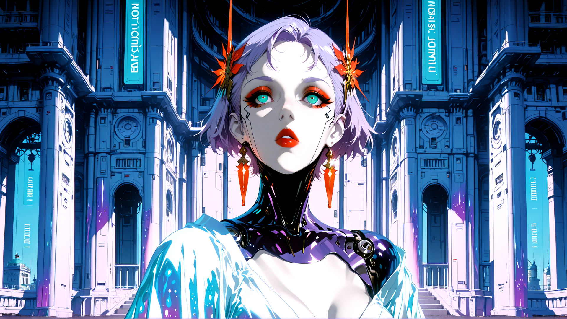 AI generated wallpaper featuring cyborg, woman, architecture, neon, ornament, futuristic, cityscape, glow, silhouette, diorama