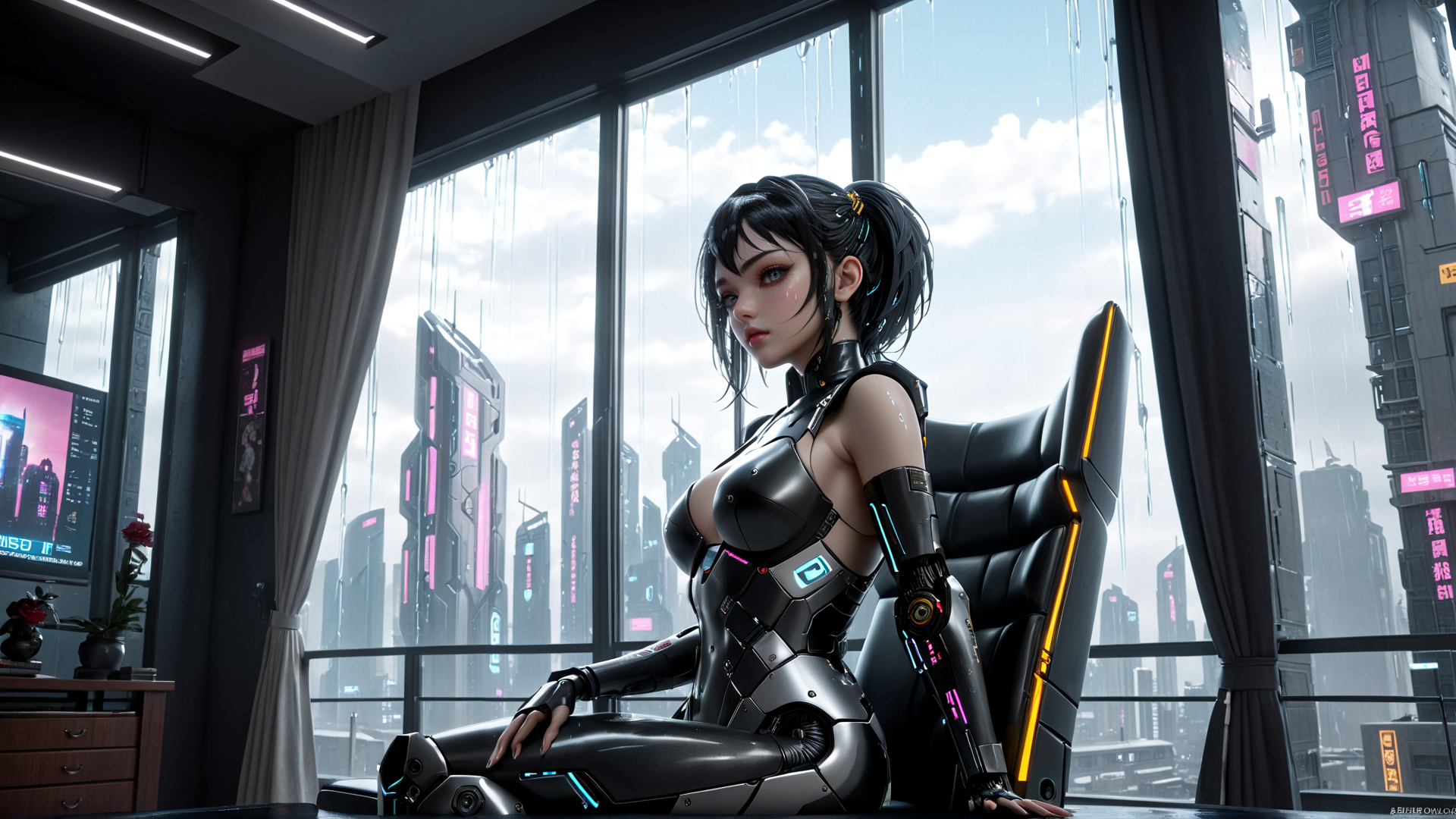 AI generated wallpaper featuring cyborg, woman, chair