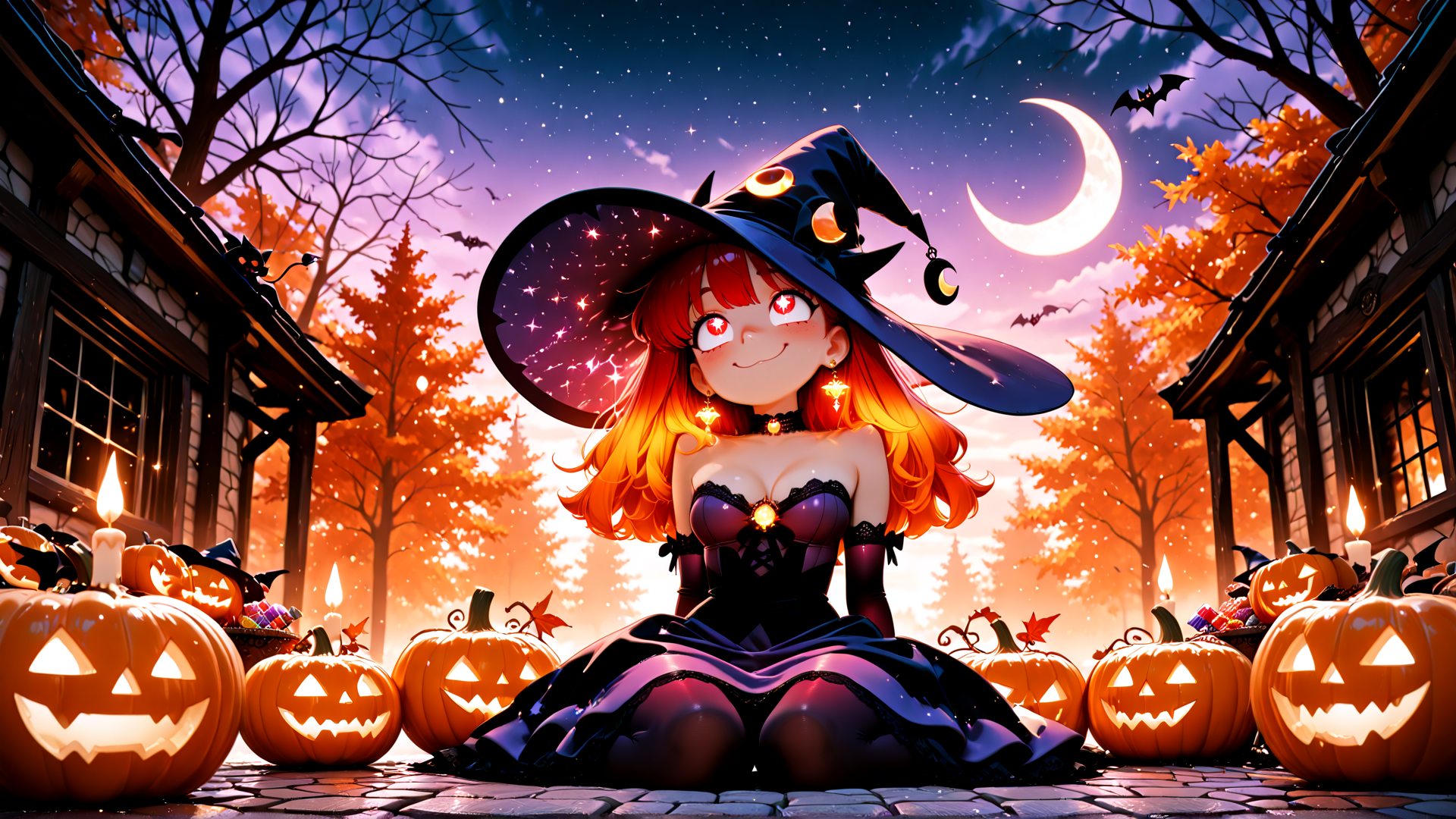 AI generated wallpaper featuring witch, pumpkin, candle, bat, tree, moon, hat, dress, candle, leaf