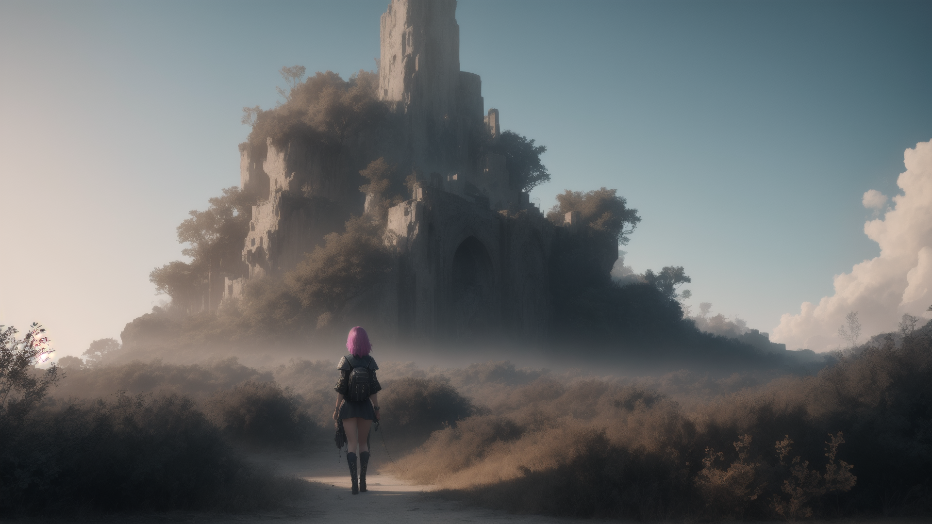 AI generated wallpaper featuring girl, castle, path