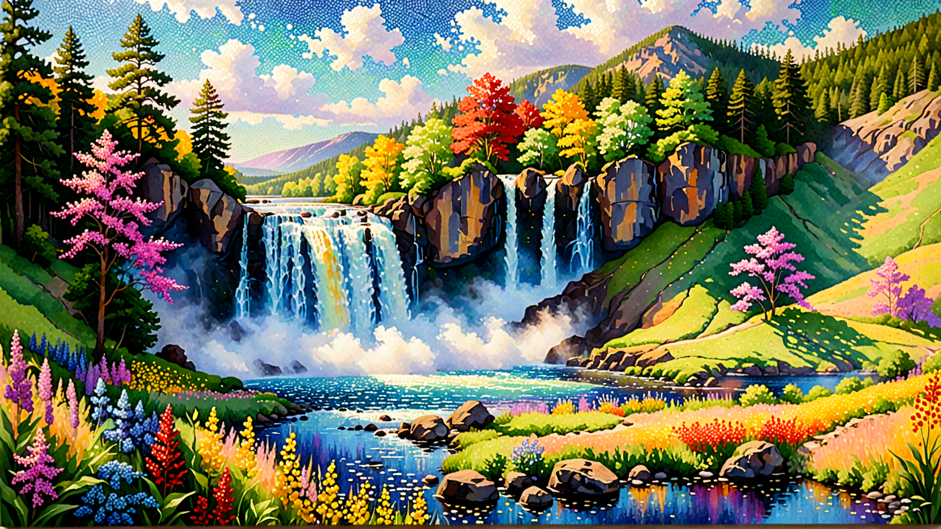 AI generated wallpaper featuring waterfall, mountain, trees, flowers, river, sky, clouds, rock, mountain range, field