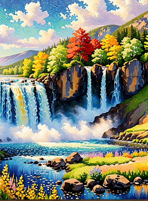 waterfall, mountain, trees, flowers, river, sky, clouds, rock, mountain range, field