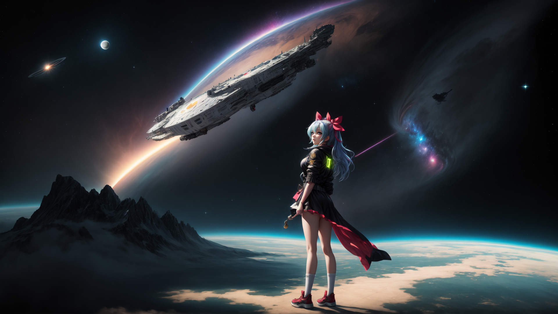 AI generated wallpaper featuring girl, spaceship, planet, mountain, galaxy