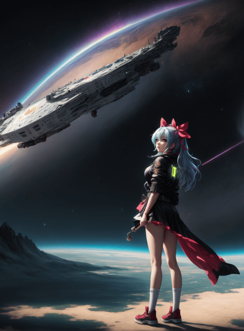girl, spaceship, planet, mountain, galaxy