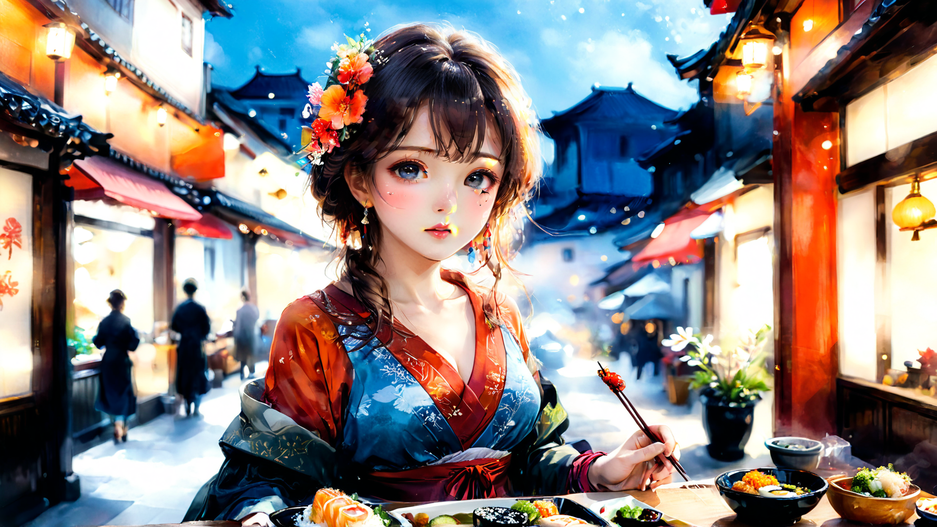 AI generated wallpaper featuring woman, street, food