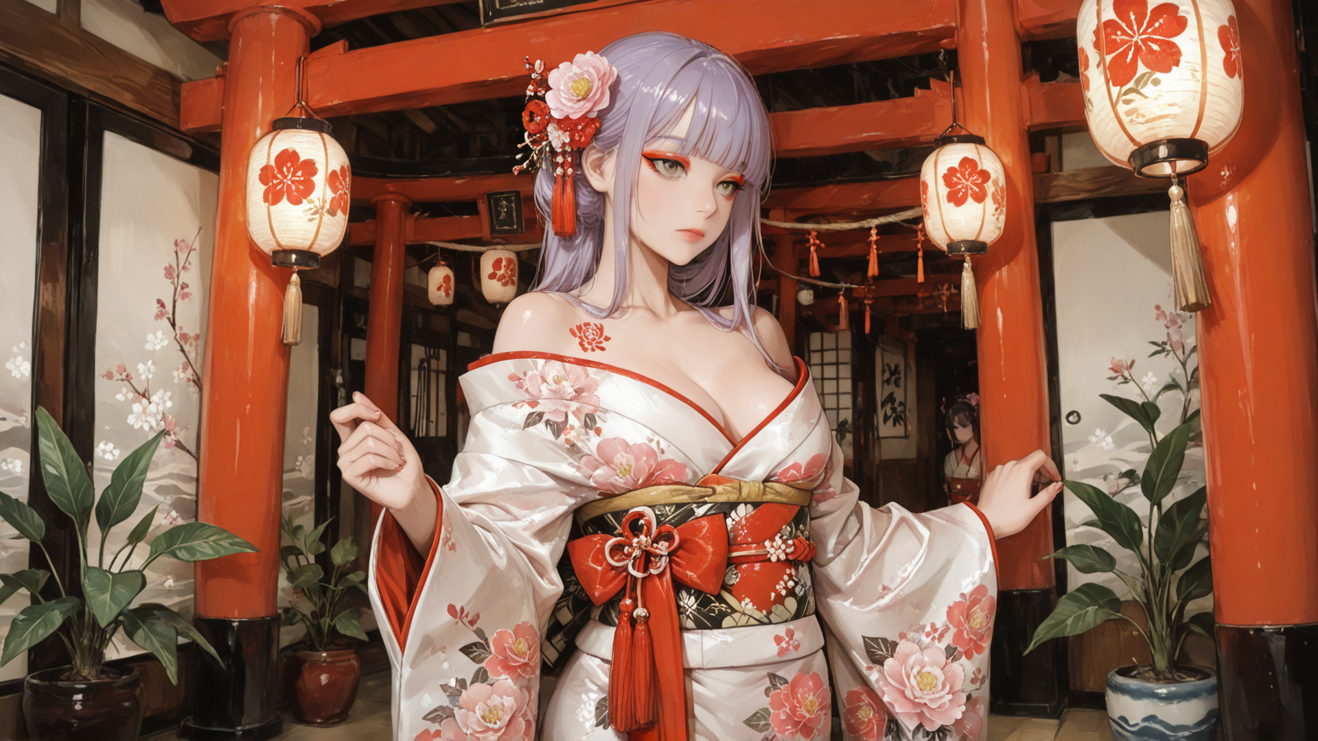 AI generated wallpaper featuring woman, kimono, lantern, cherry blossom, sakura, potted plant, traditional building, lantern, hair ornament, red pillar