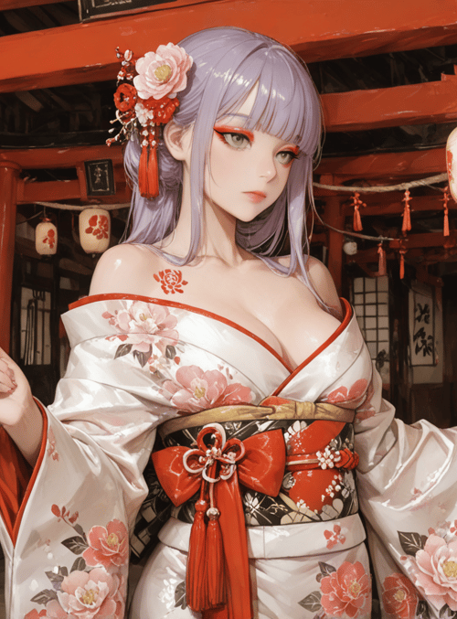 woman, kimono, lantern, cherry blossom, sakura, potted plant, traditional building, lantern, hair ornament, red pillar