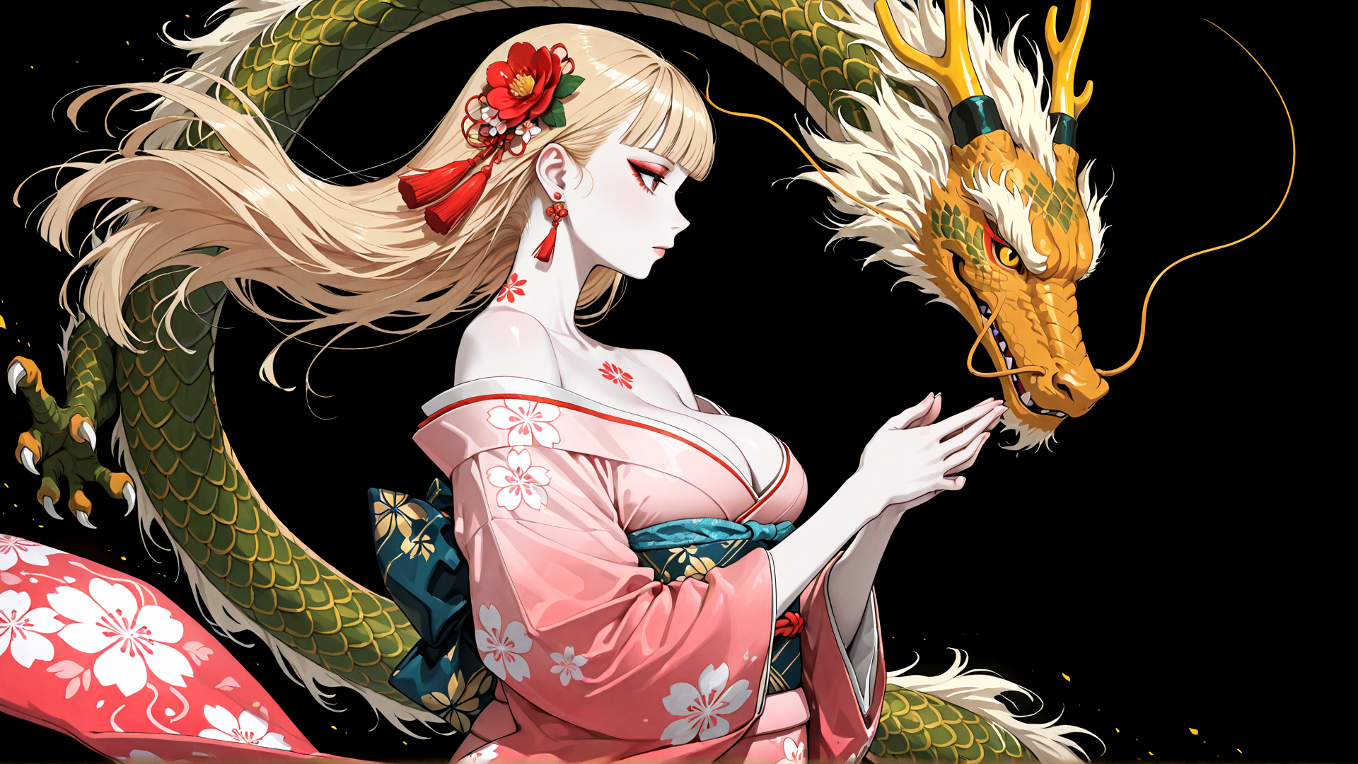 AI generated wallpaper featuring woman, dragon, kimono, flower, hair
