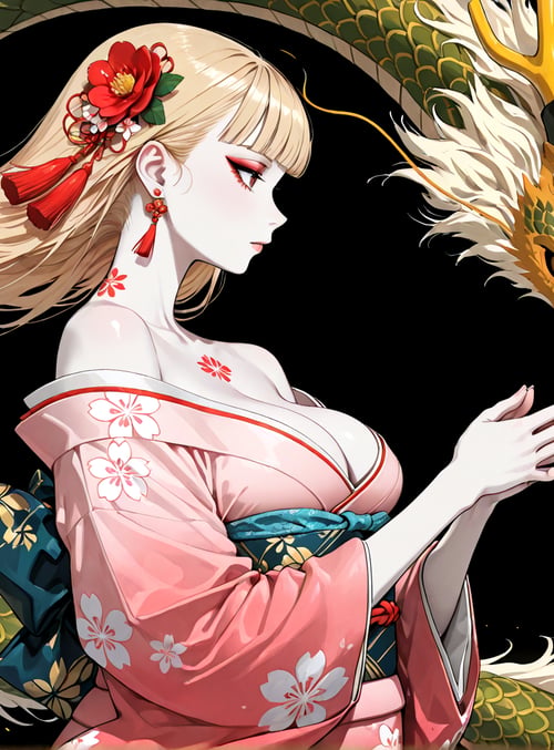 woman, dragon, kimono, flower, hair