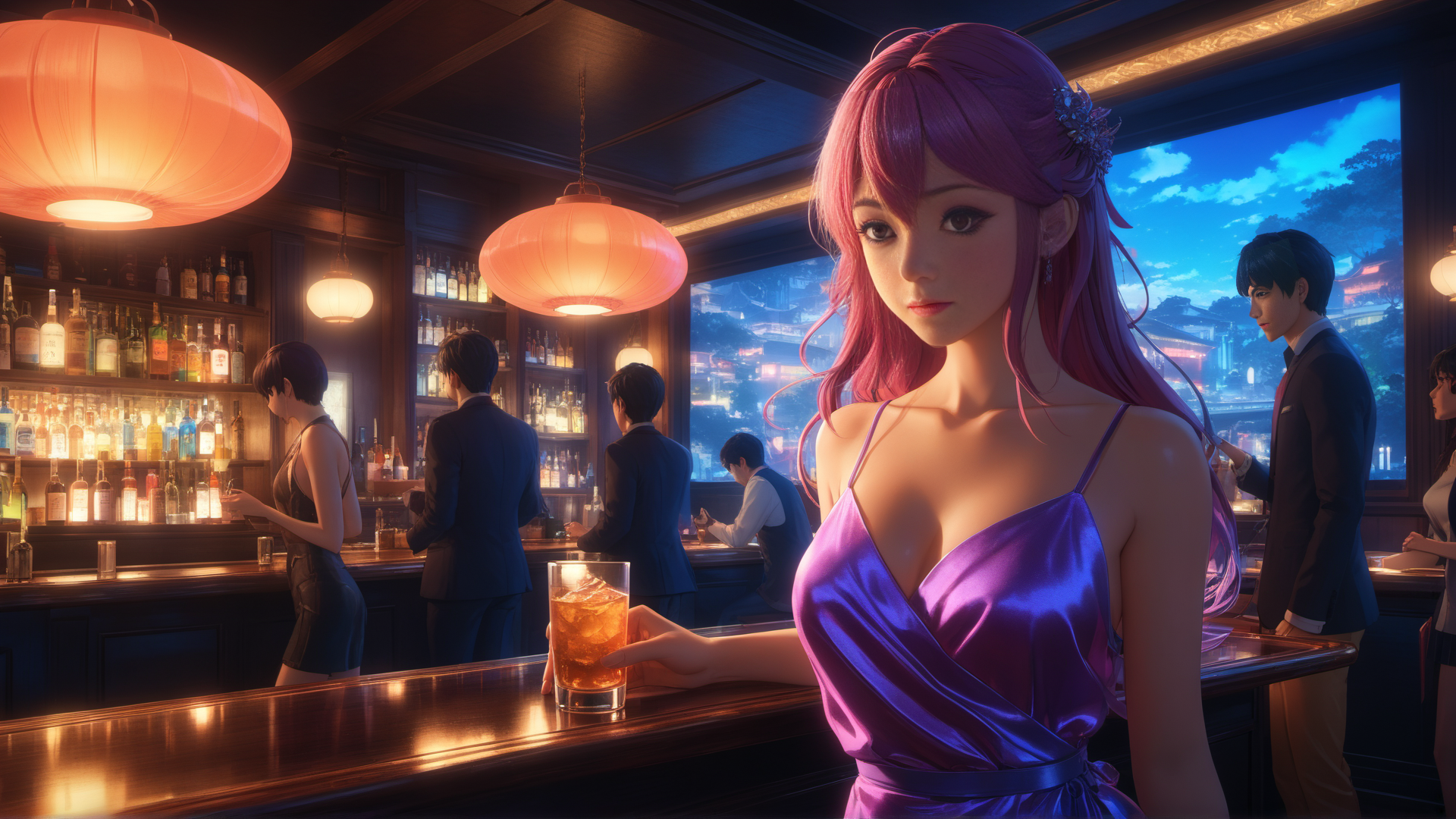 AI generated wallpaper featuring woman, bar, cityscape