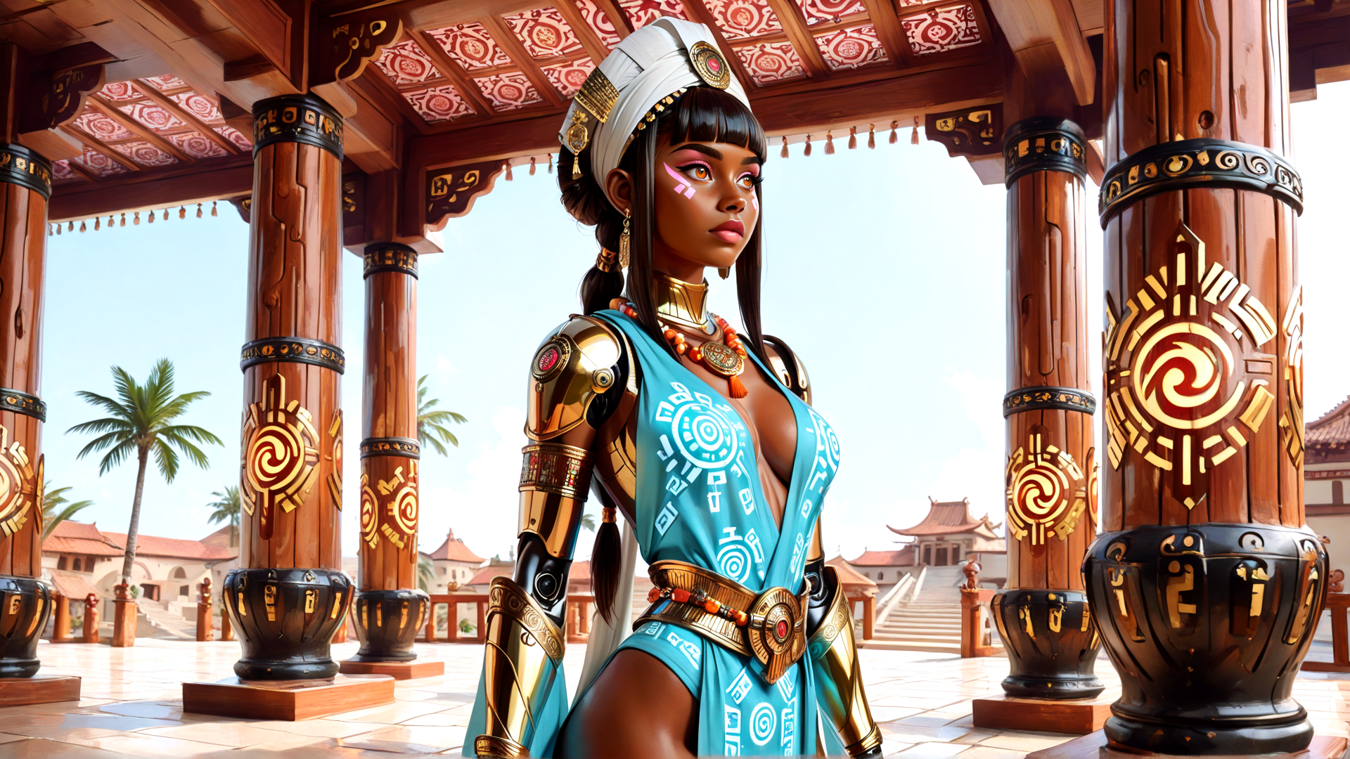 AI generated wallpaper featuring woman, goddess, princess, armor, turban, jewelry, column, temple, palm tree, sunset