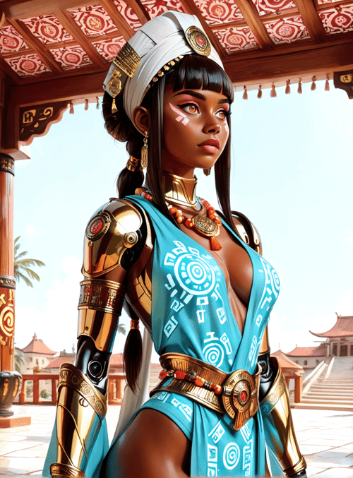 woman, goddess, princess, armor, turban, jewelry, column, temple, palm tree, sunset
