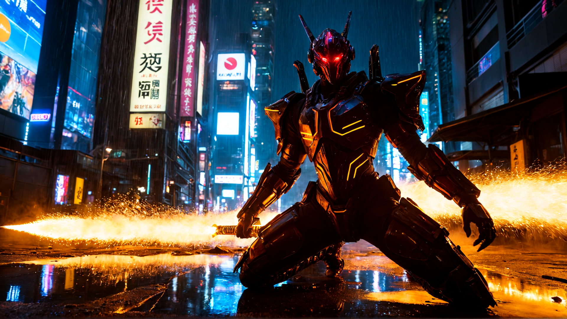 AI generated wallpaper featuring robot, armor, sword, cityscape, neon, rain, street, buildings, signs, spark