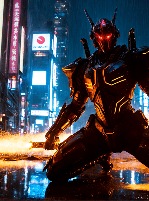 robot, armor, sword, cityscape, neon, rain, street, buildings, signs, spark