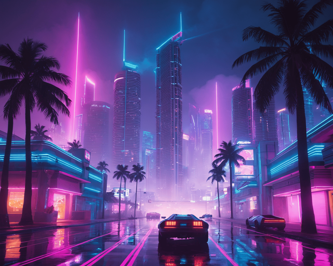 AI generated wallpaper featuring city, cars, palm trees