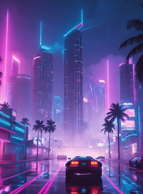 city, cars, palm trees
