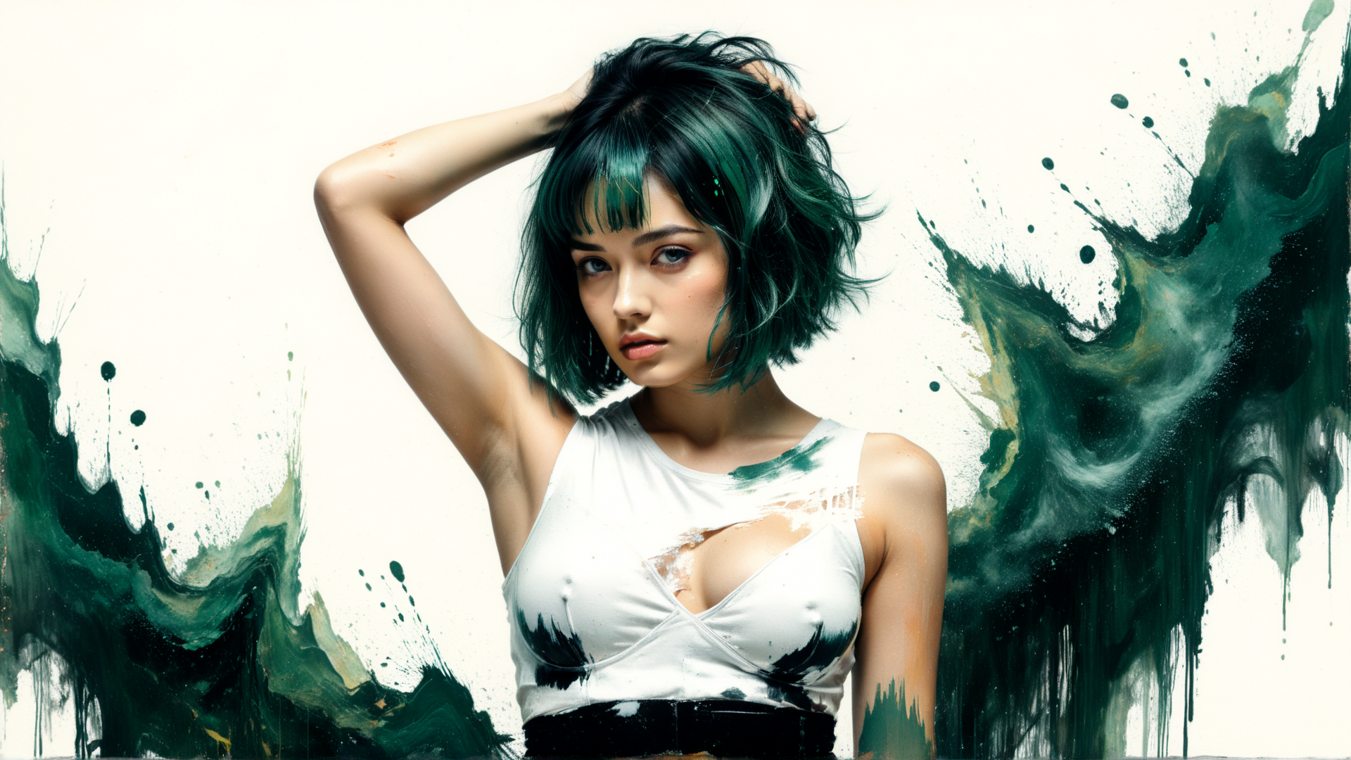 AI generated wallpaper featuring woman, hair, top, background
