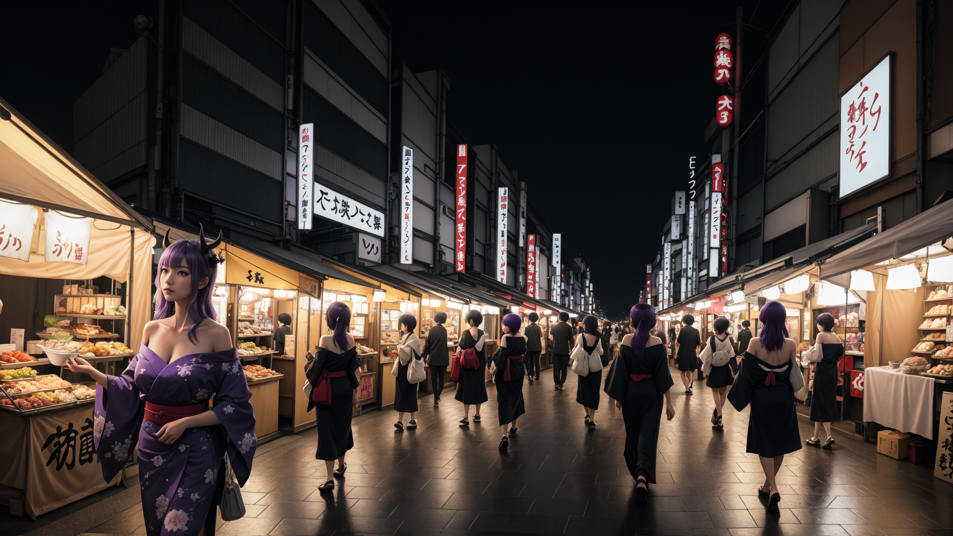 AI generated wallpaper featuring woman, market, street, people, signs, wigs, kimonos, food stalls, buildings, neon