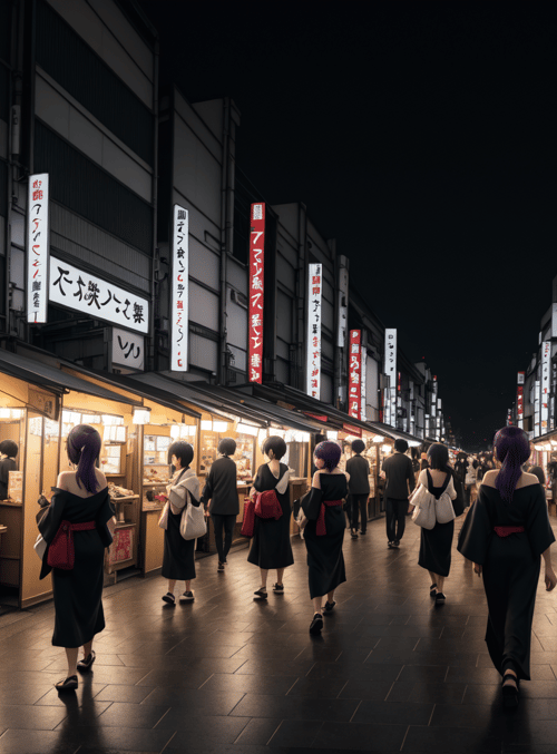 woman, market, street, people, signs, wigs, kimonos, food stalls, buildings, neon