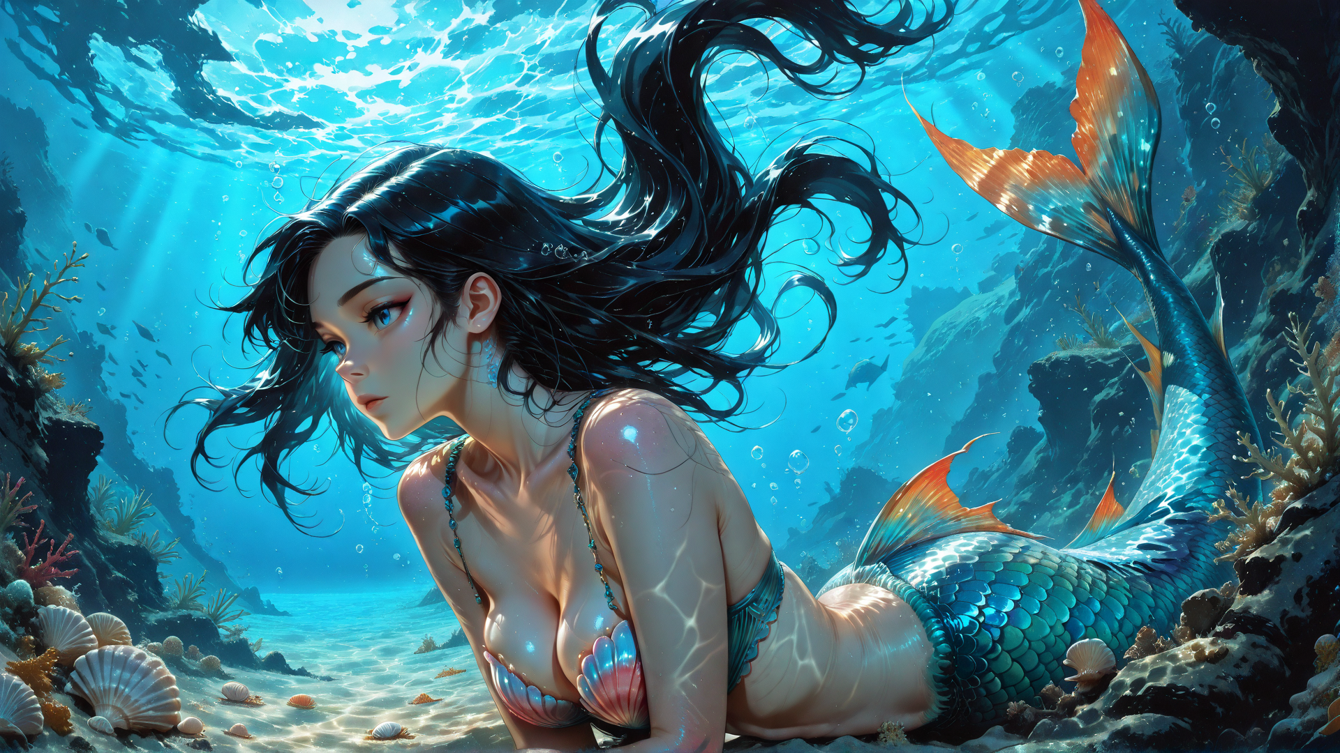 AI generated wallpaper featuring mermaid, underwater, coral, seashell, fish, sunlight, reef, tropical, ocean, scales