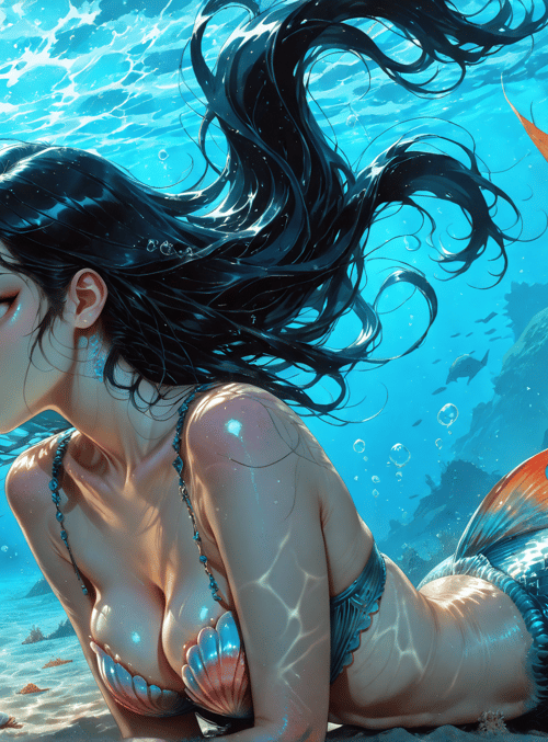 mermaid, underwater, coral, seashell, fish, sunlight, reef, tropical, ocean, scales