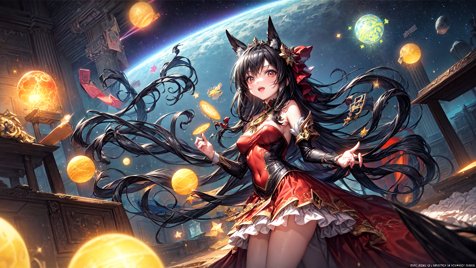 AI generated wallpaper featuring catgirl, magician, fairy