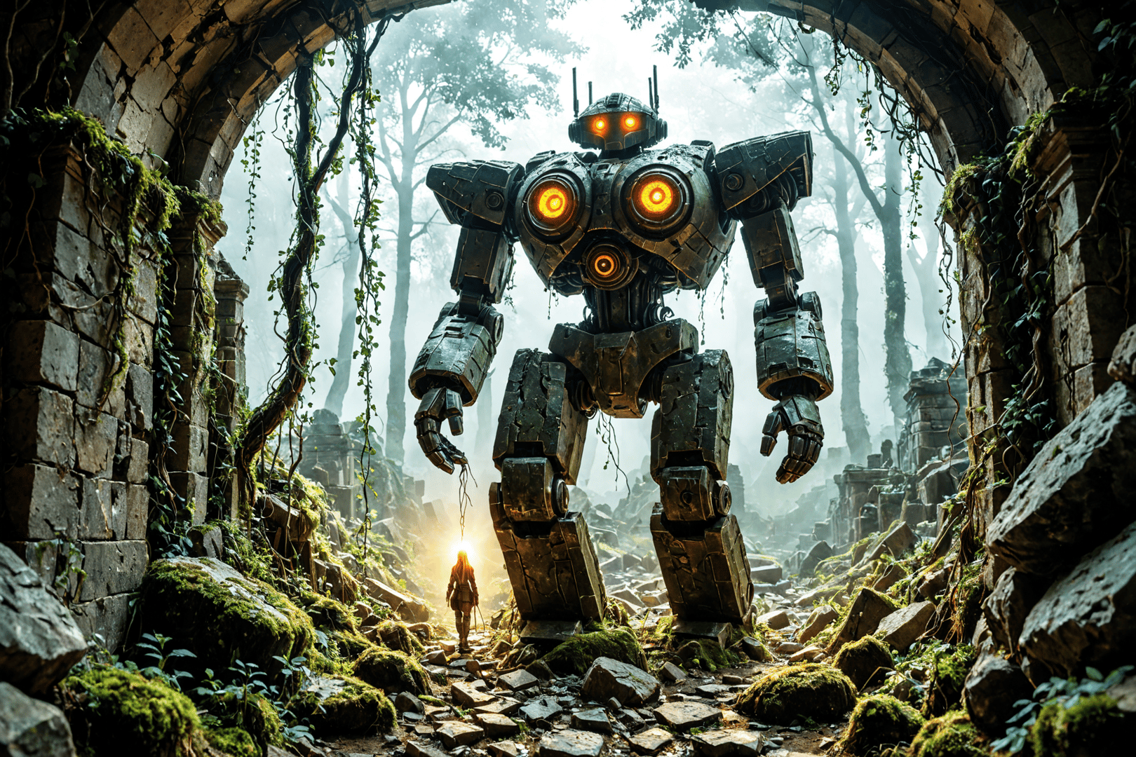 AI generated wallpaper featuring robot, person, ruins