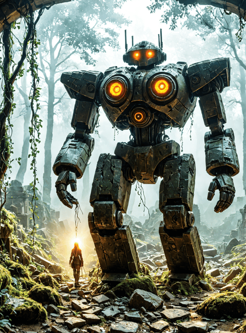 robot, person, ruins