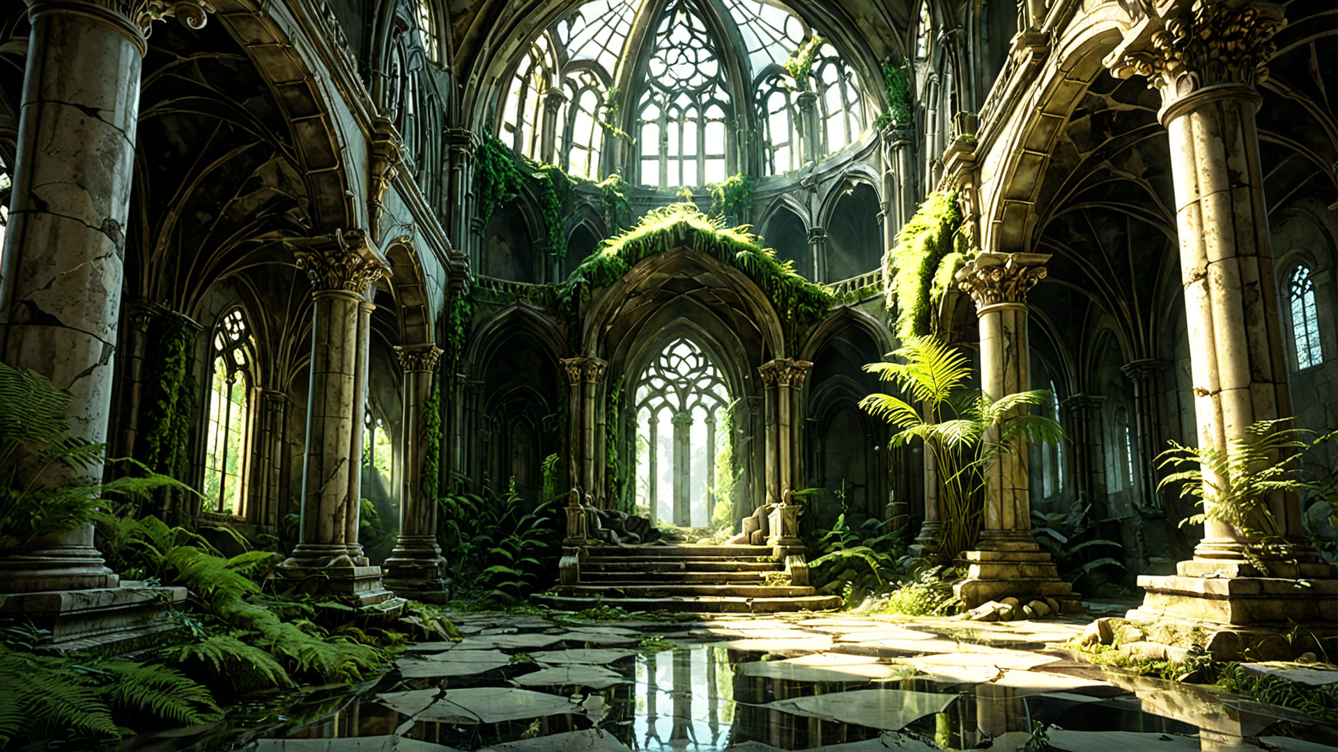 AI generated wallpaper featuring cathedral, columns, staircase, plants, arches, ferns, mosaic, vines, light, stone