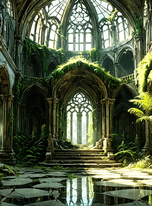 cathedral, columns, staircase, plants, arches, ferns, mosaic, vines, light, stone