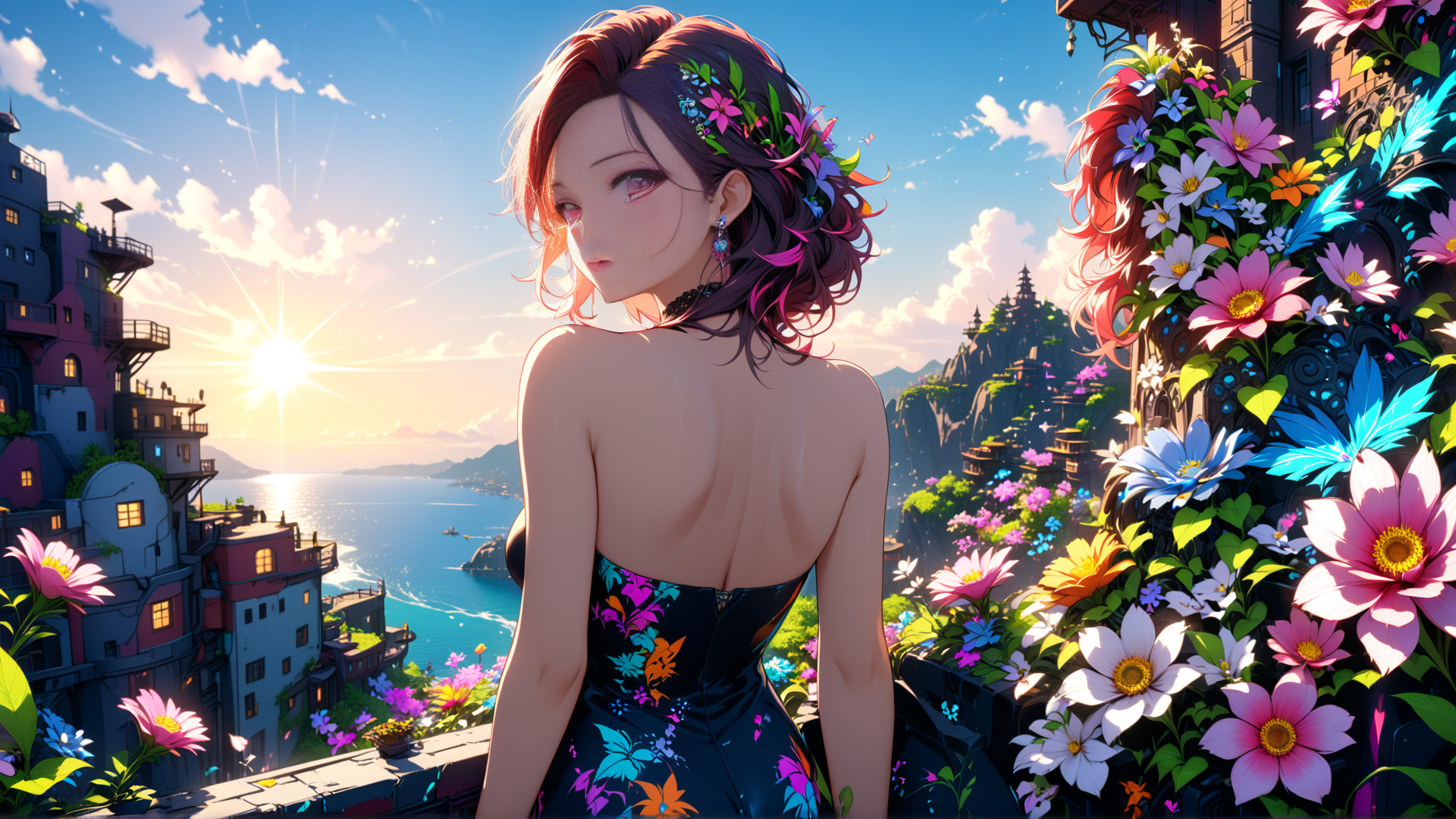 AI generated wallpaper featuring woman, flowers, cityscape