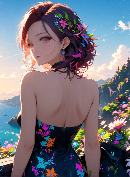woman, flowers, cityscape