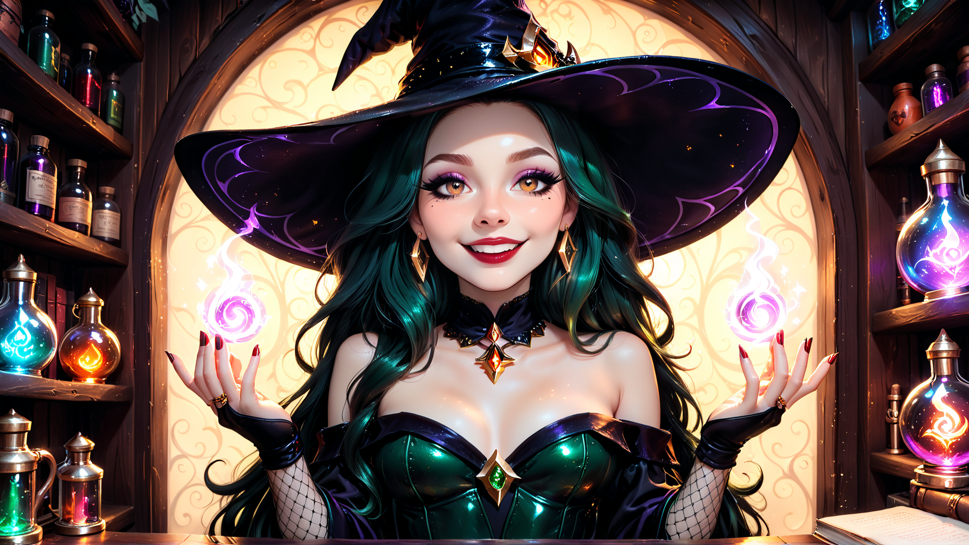 AI generated wallpaper featuring witch, magic, bottles, scroll, candle, potions
