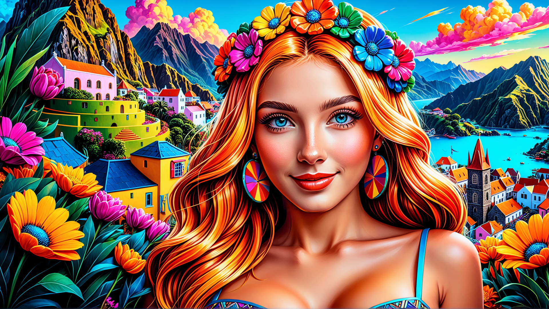 AI generated wallpaper featuring woman, flowers, mountains, village, lake, house, sun, sky, earrings, hair