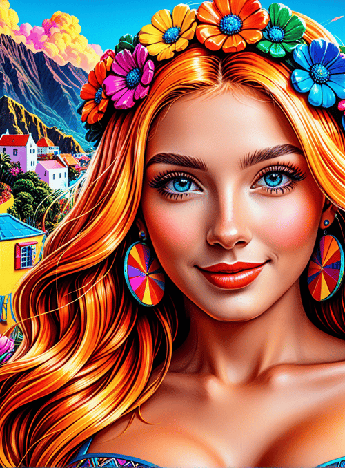 woman, flowers, mountains, village, lake, house, sun, sky, earrings, hair