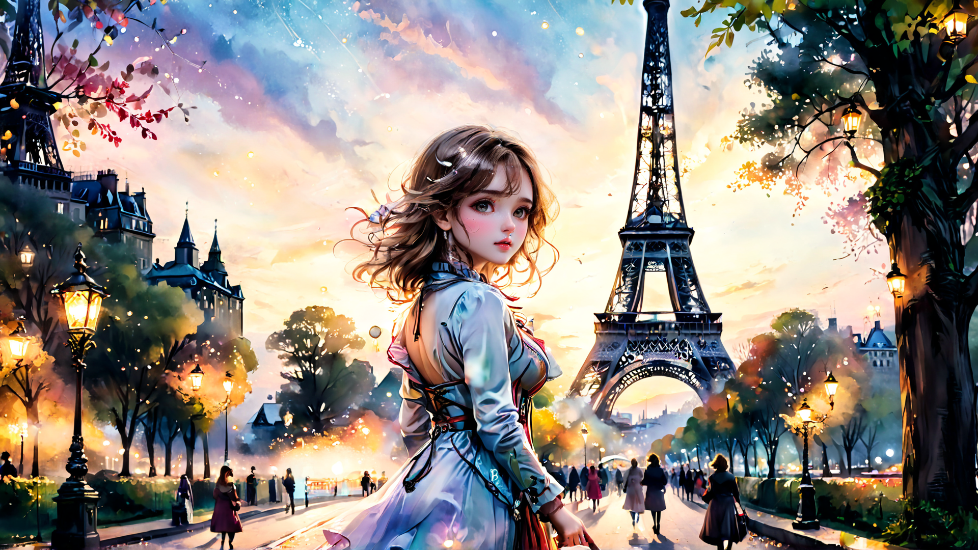 AI generated wallpaper featuring woman, eiffel tower, trees