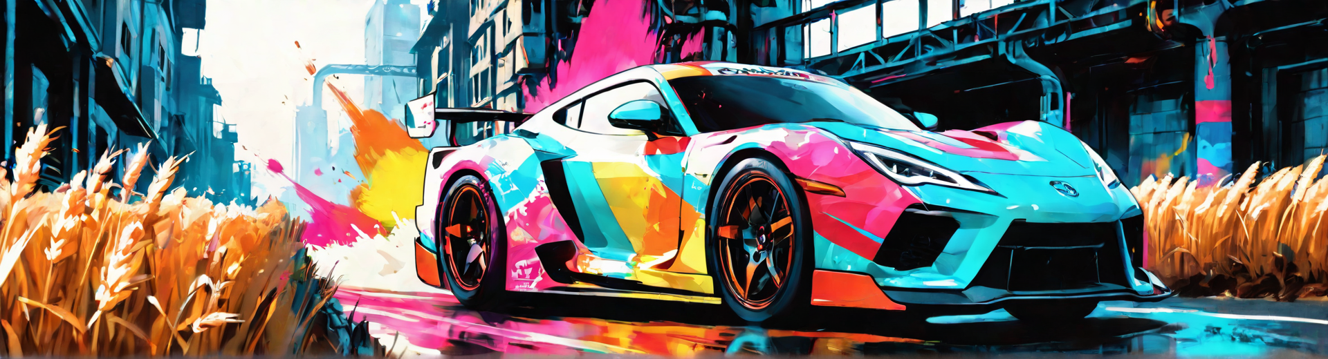 AI generated wallpaper featuring car, cityscape, wheat, street