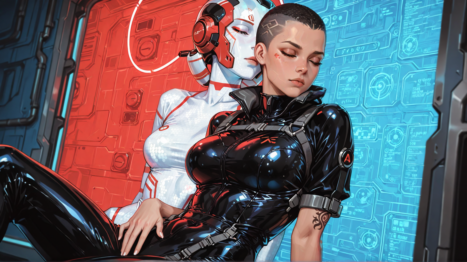 AI generated wallpaper featuring human, robot, woman, spacesuit, cyborg, leather, headset, tattoo, mechanical, interface