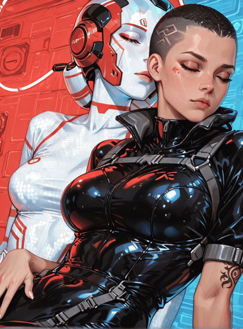 human, robot, woman, spacesuit, cyborg, leather, headset, tattoo, mechanical, interface
