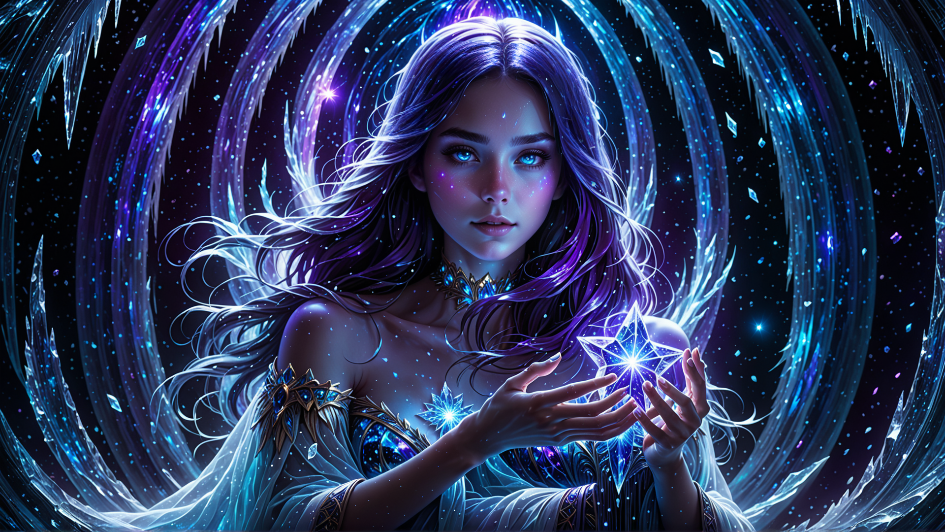 AI generated wallpaper featuring woman, star, crystal