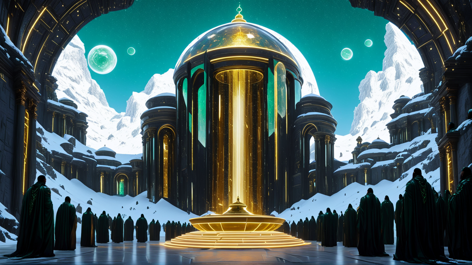 AI generated wallpaper featuring domed structure, robed figures, mountains, cathedral, golden light, spheres, archways, snow, columns, cityscape
