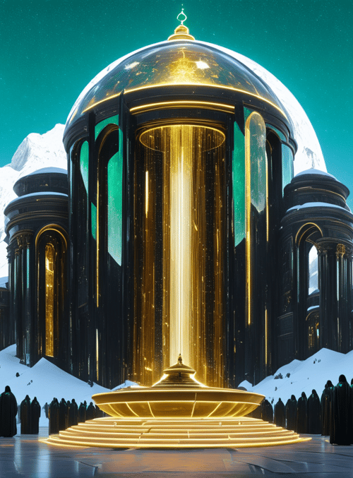 domed structure, robed figures, mountains, cathedral, golden light, spheres, archways, snow, columns, cityscape