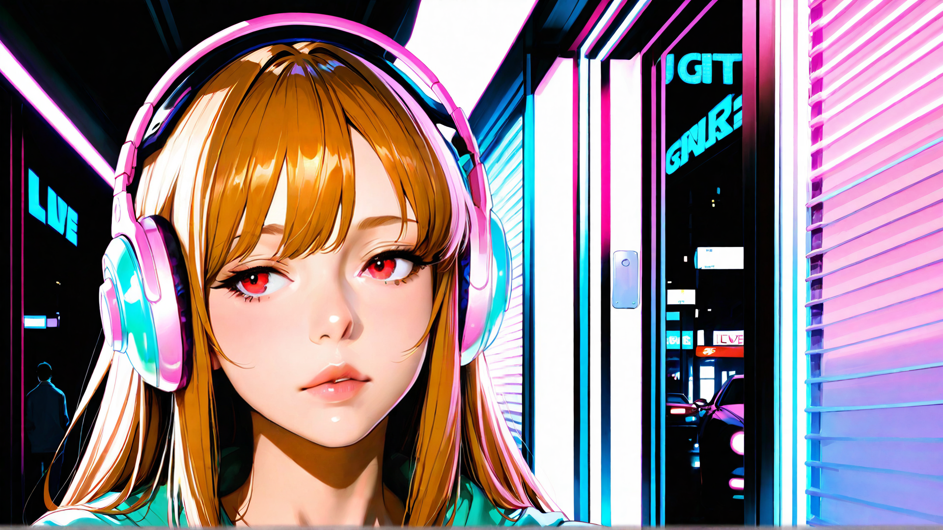 AI generated wallpaper featuring girl, headphones, neon, city, anime