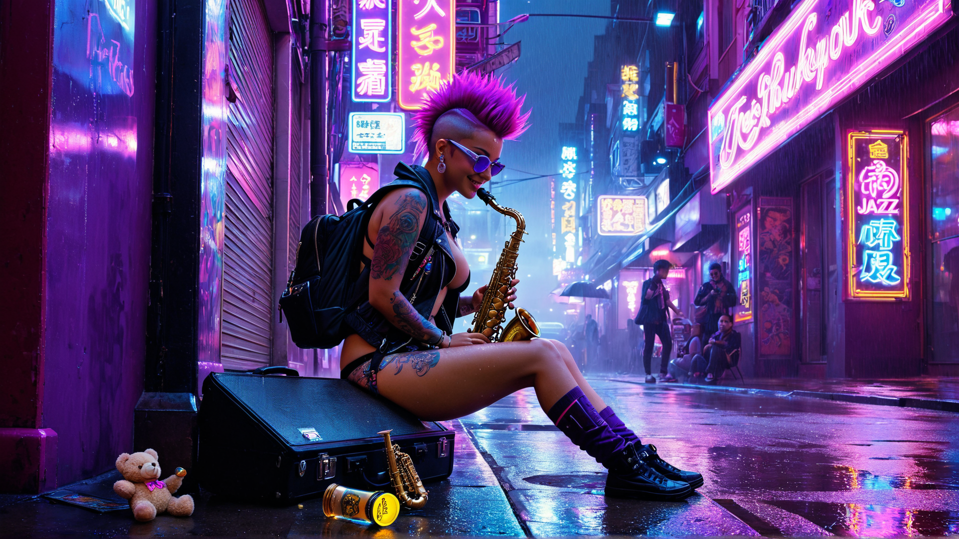 AI generated wallpaper featuring saxophonist, punk, teddy bear