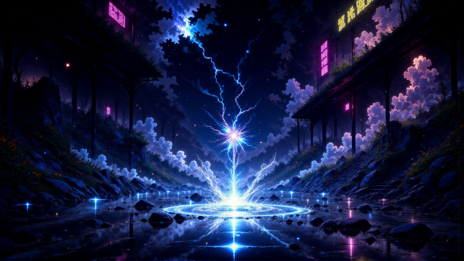 AI generated wallpaper featuring lightning, river, neon, trees, buildings, clouds, rocks, stars, chinese characters, glow