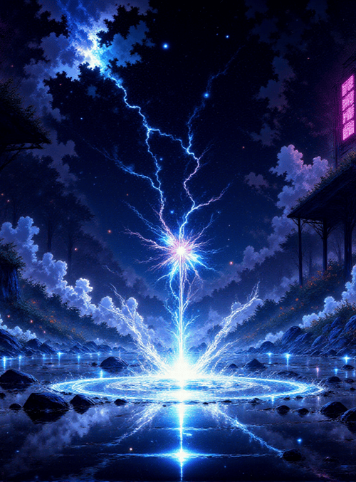 lightning, river, neon, trees, buildings, clouds, rocks, stars, chinese characters, glow