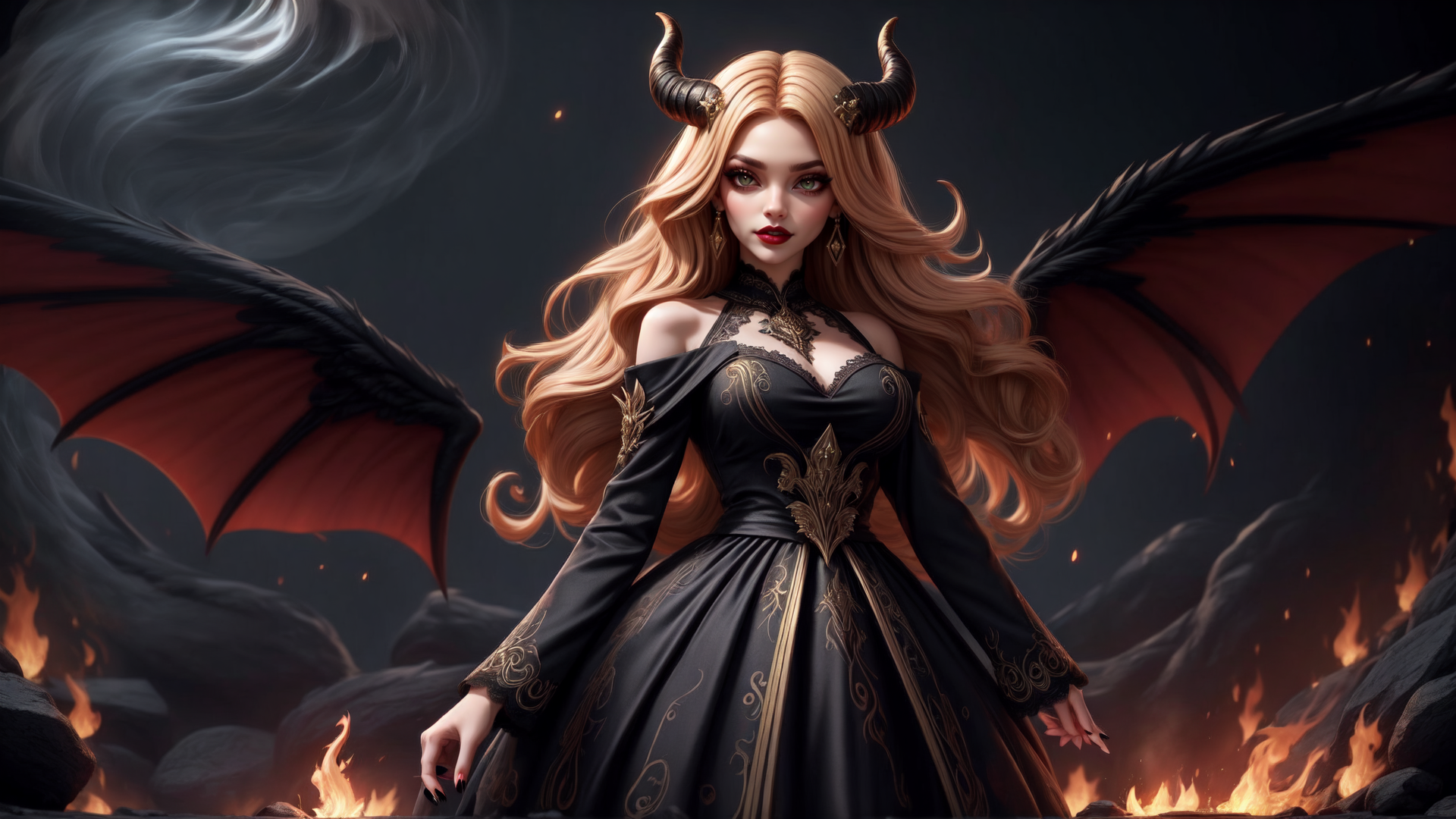 AI generated wallpaper featuring devil, woman, angel, goddess, dragon, wings, horn, dress, fire, smoke